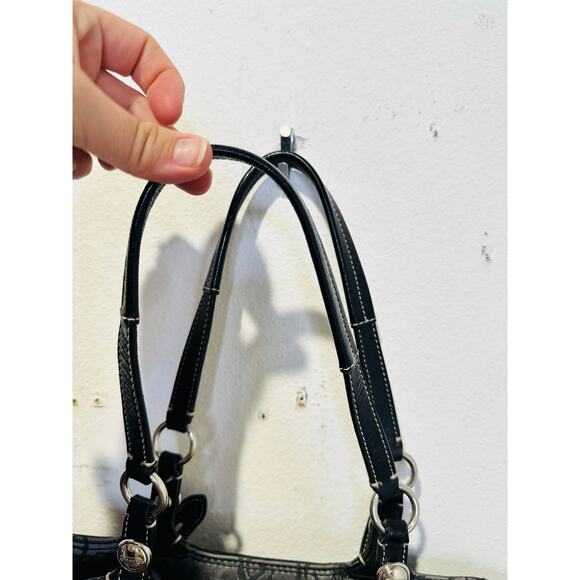 COACH Grey Black Stage Coach Horse Printed Fabric Y2K Leather Tote Handbag - Picture 11 of 15